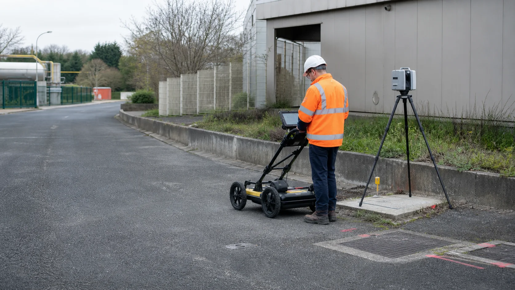 Technicien réalisant une détection de réseaux et un Scan 3D sur un site français