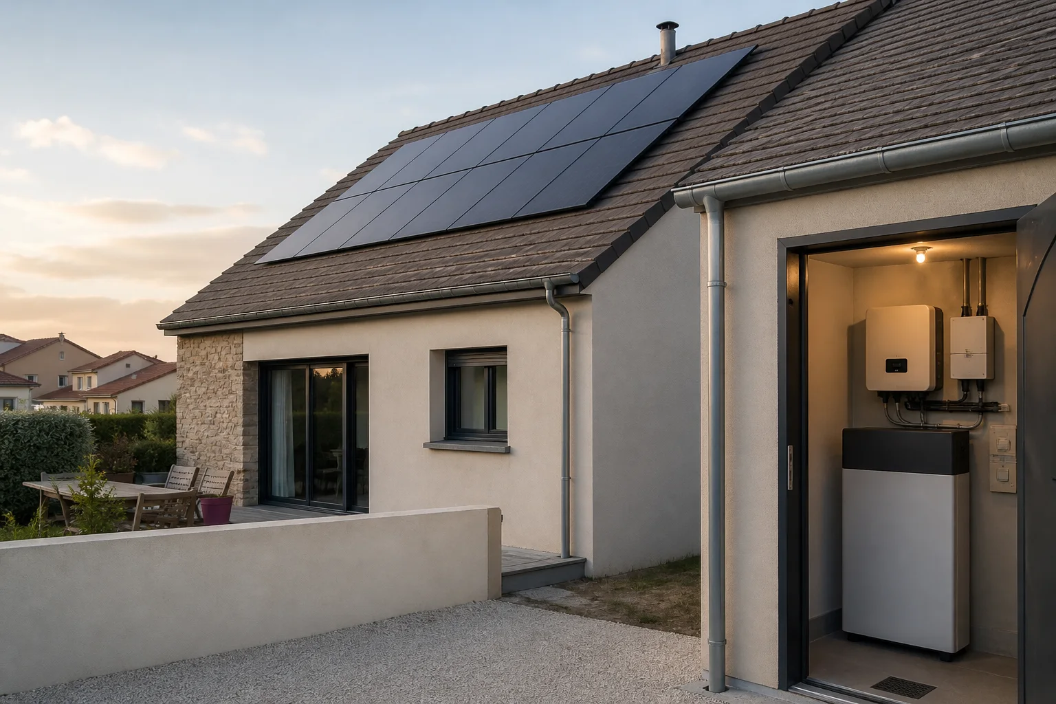 Visualisation d’une maison française équipée de panneaux photovoltaïques et d’une batterie résidentielle