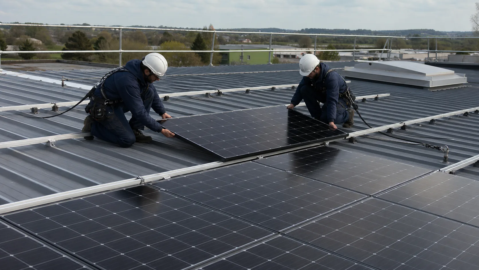 Chantier photovoltaïque sur un bâtiment professionnel en France