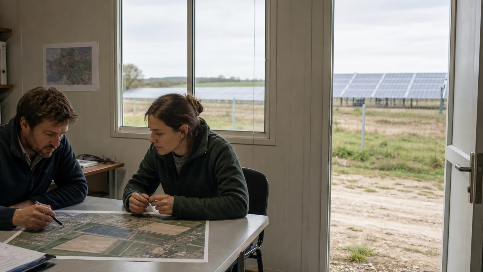 Équipe examinant le plan d’un site photovoltaïque français