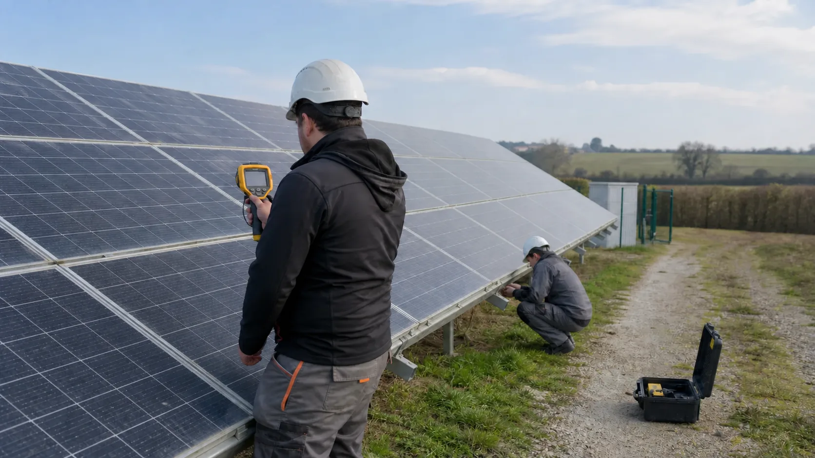 Visualisation de techniciens réalisant une inspection de maintenance sur une centrale photovoltaïque française