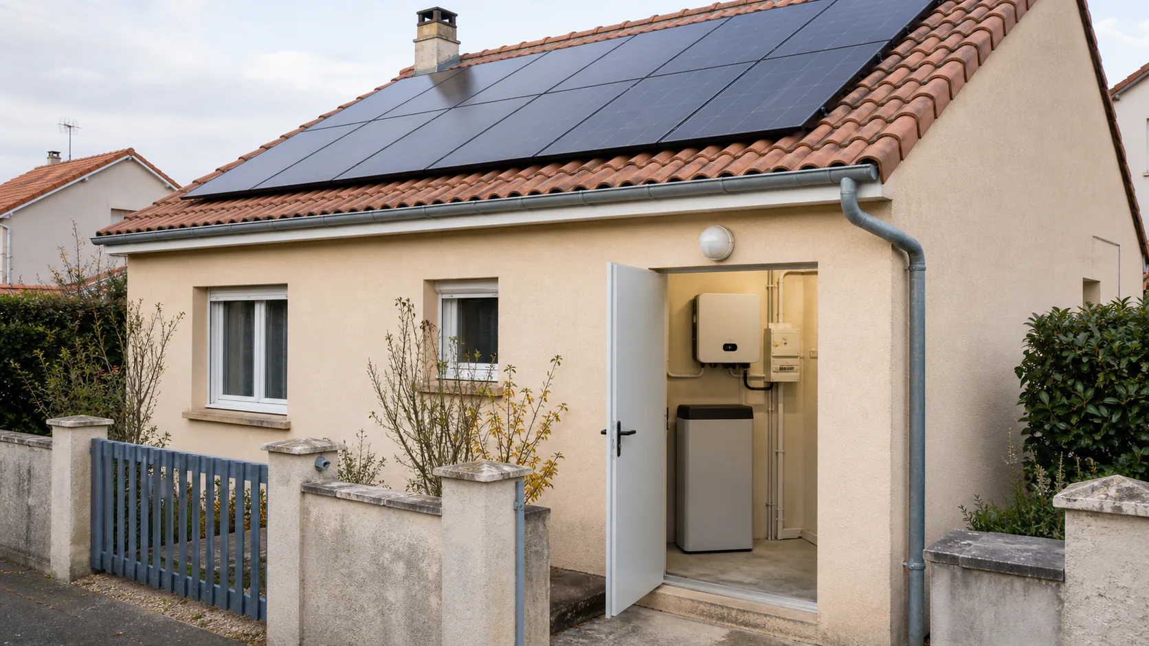 Maison française équipée de panneaux photovoltaïques et d’un stockage résidentiel